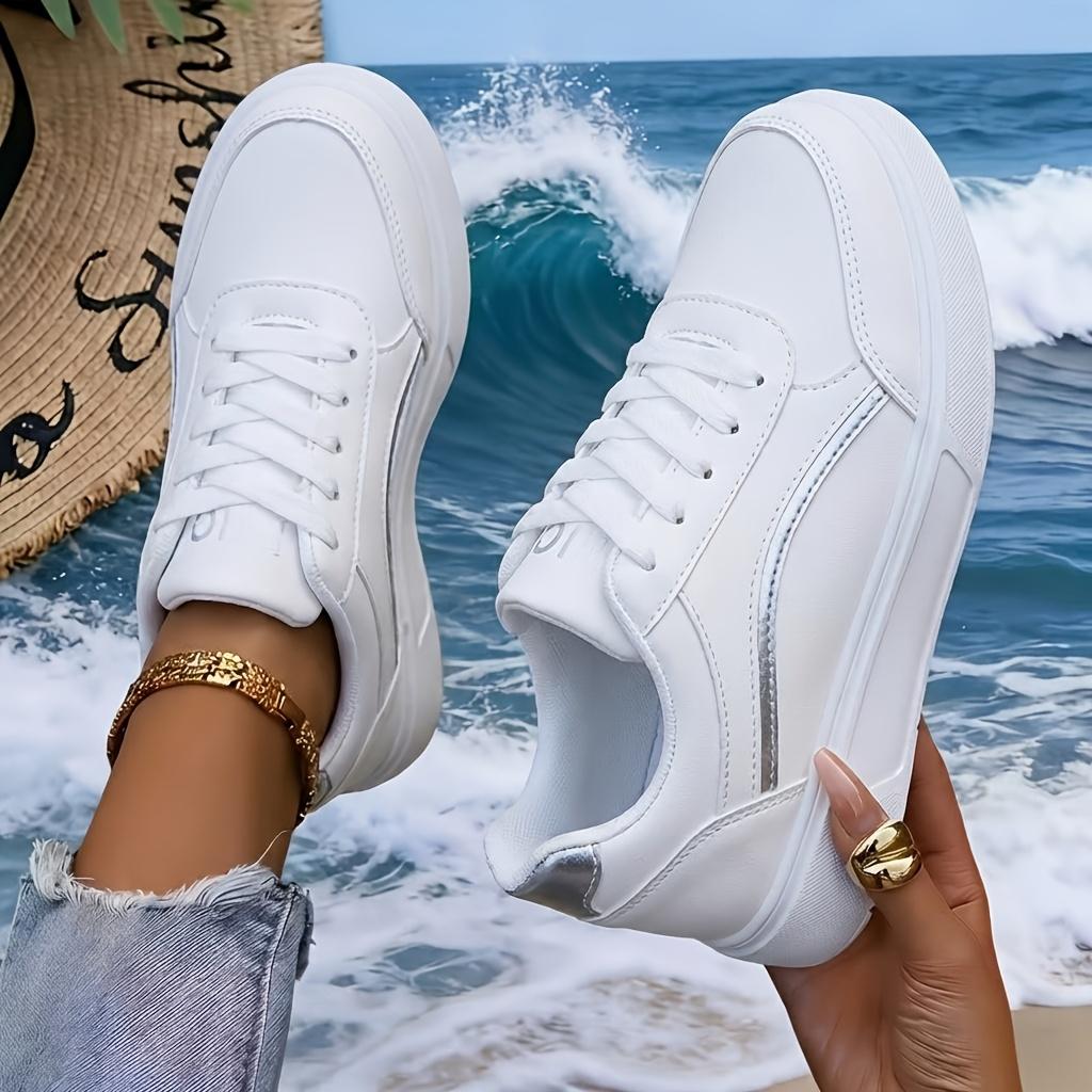 Women Gold Line Platform Skate Shoes 2026 New Fashion Lace Up White Black Casual Sneakers Ladies Soft Leather Lightweight Non Slip Walking