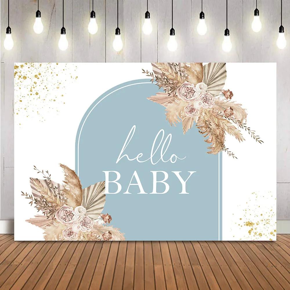 Boho Baby Shower Backdrop Pampas Grass Background for Baby Shower Theme Decoration Hello Baby Floral Boho Party Supplies
