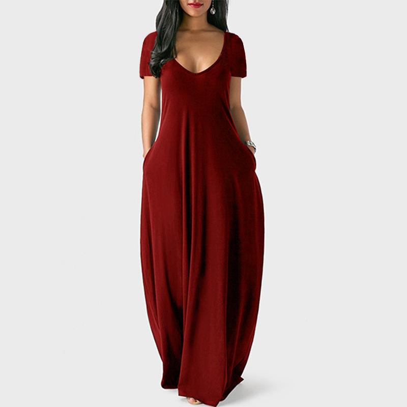 European and American summer, new, large-size women's solid-color dress, sexy deep V short-sleeved long dress.