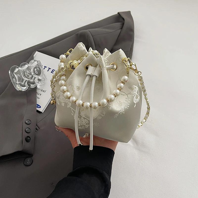 Bestickte Damentasche im nationalen Stil, Eimerform, feste Kordel, hohe Qualität, vielseitig, elegant, Schulter