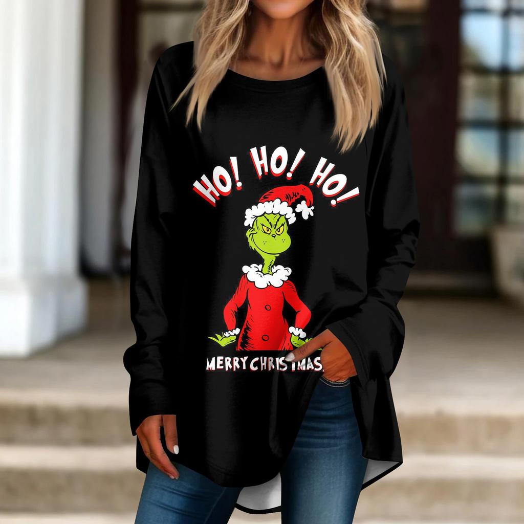 Damen Weihnachtsdruck Langarmshirt Rundhals Pullover T-Shirt Top Pullover