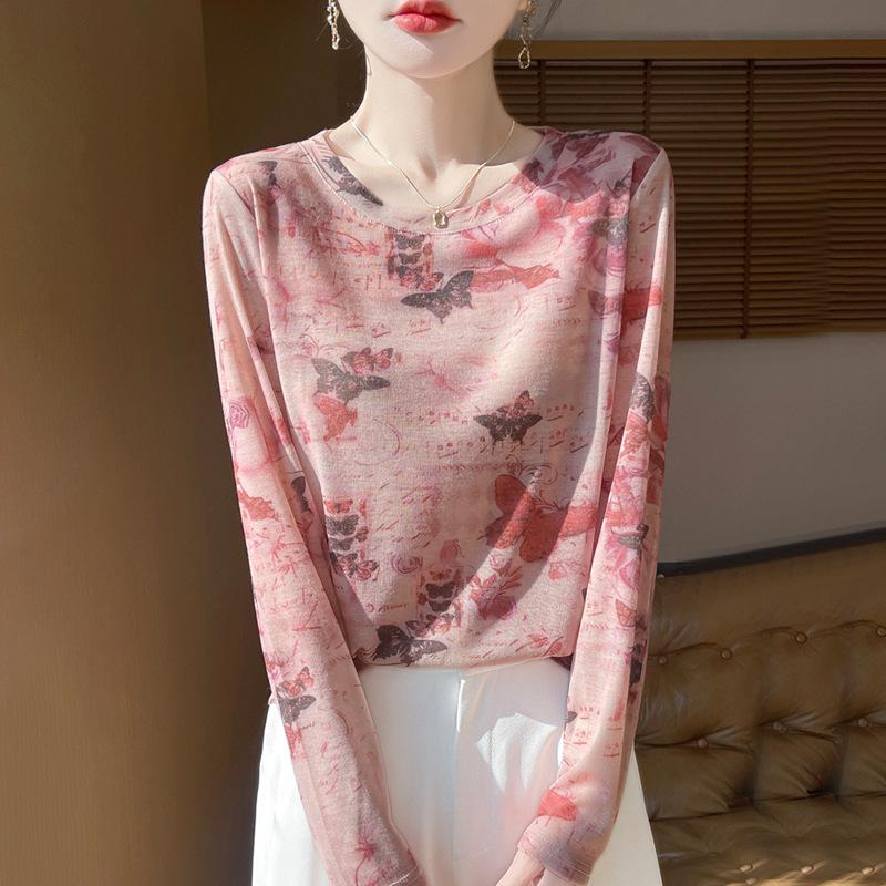 

2025 Женский летний топ с длинным рукавом и круглым вырезом, легкий, с принтом тай-дай Large