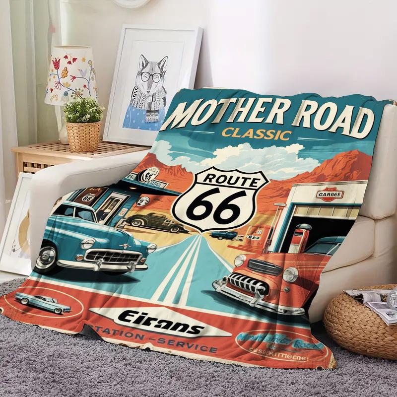 Historic Route 66 The Mother Road Print Flannel Blanket, Retro US Highway Map Soft Cozy Throw 80cm x 120cm