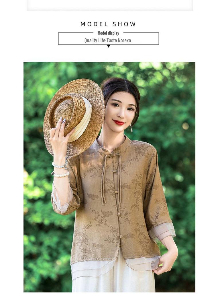 Summer Mid-Sleeve Chinese Style Blouse for Middle-Aged Women - Elegant and Lightweight