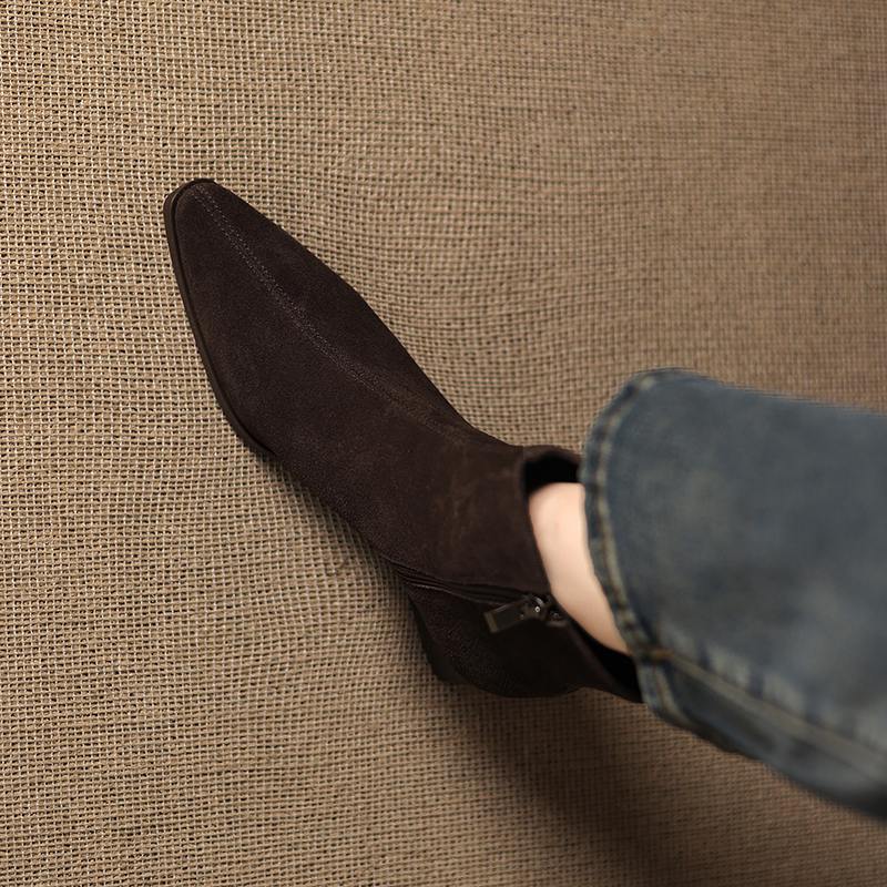 Krazing Pot Cow Suede Nubuck Winter Round Toe Chunky Heels Fashion Boots Women Zipper Retro Elegant Women Ankle Boots