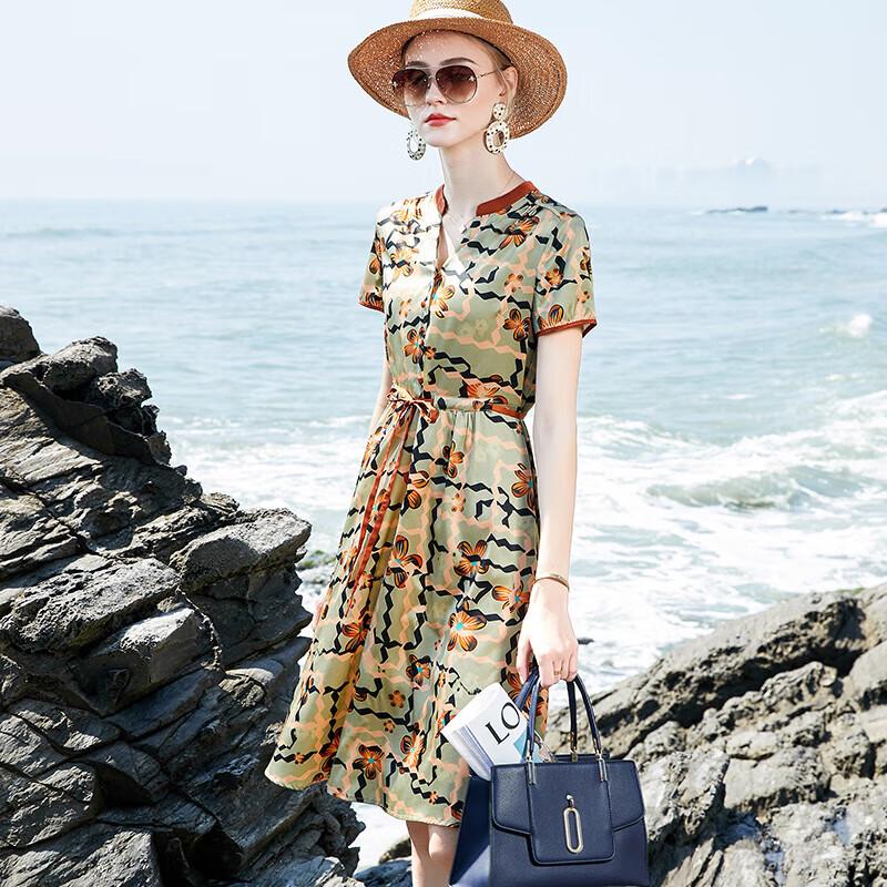 XUEXI Women s New Chinese Style Silk Print Dress M