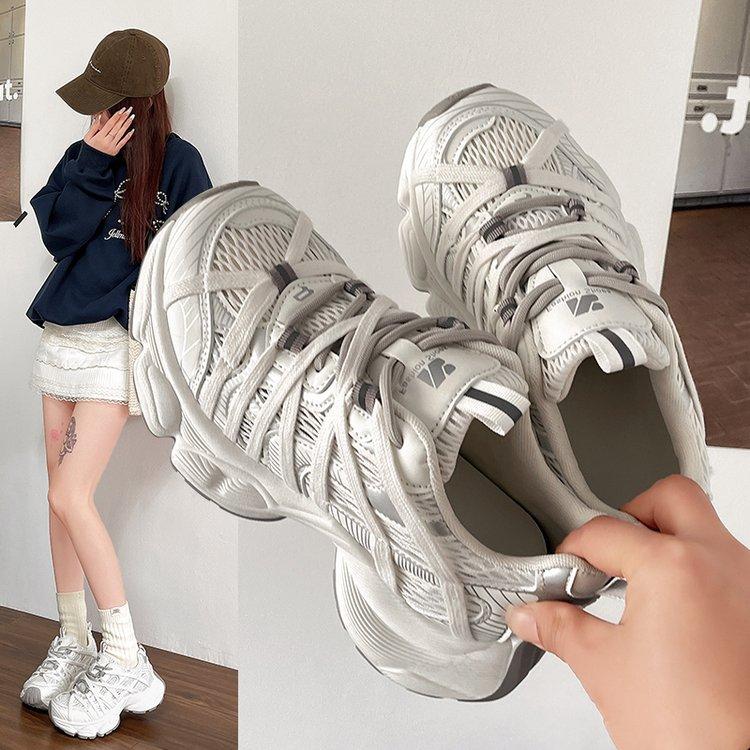 European station mesh thick-soled dad shoes women's 2025 spring new heightened breathable round head niche sports and leisure shoes