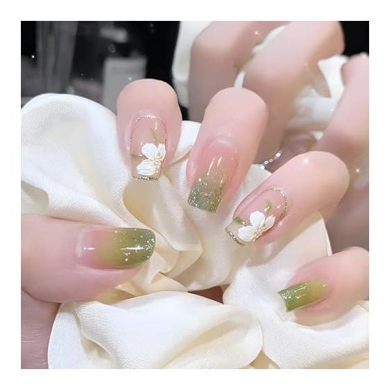 COLORBIRD Nail Tips Short 24 Pieces Green Flower Nail Artificial Nail Tips Short Cute Square (R754)
