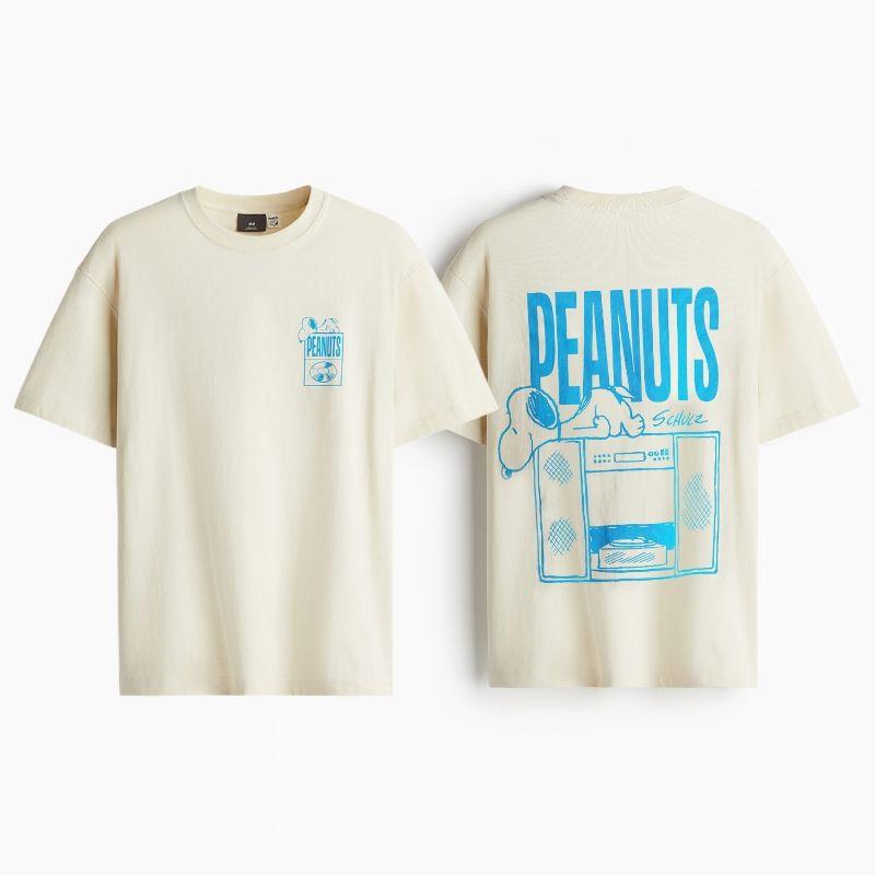 

[Снупи] Мужская и женская футболка HM Осенний принт круглый вырез спущенное плечо для пары с коротким рукавом 0972640 Light beige/Snoopy 175/100A(M)