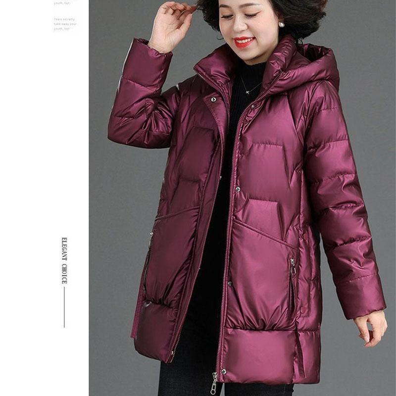 Winter Women's Shiny No-wash Padded Jacket   Mid-length Hooded Padded Coat