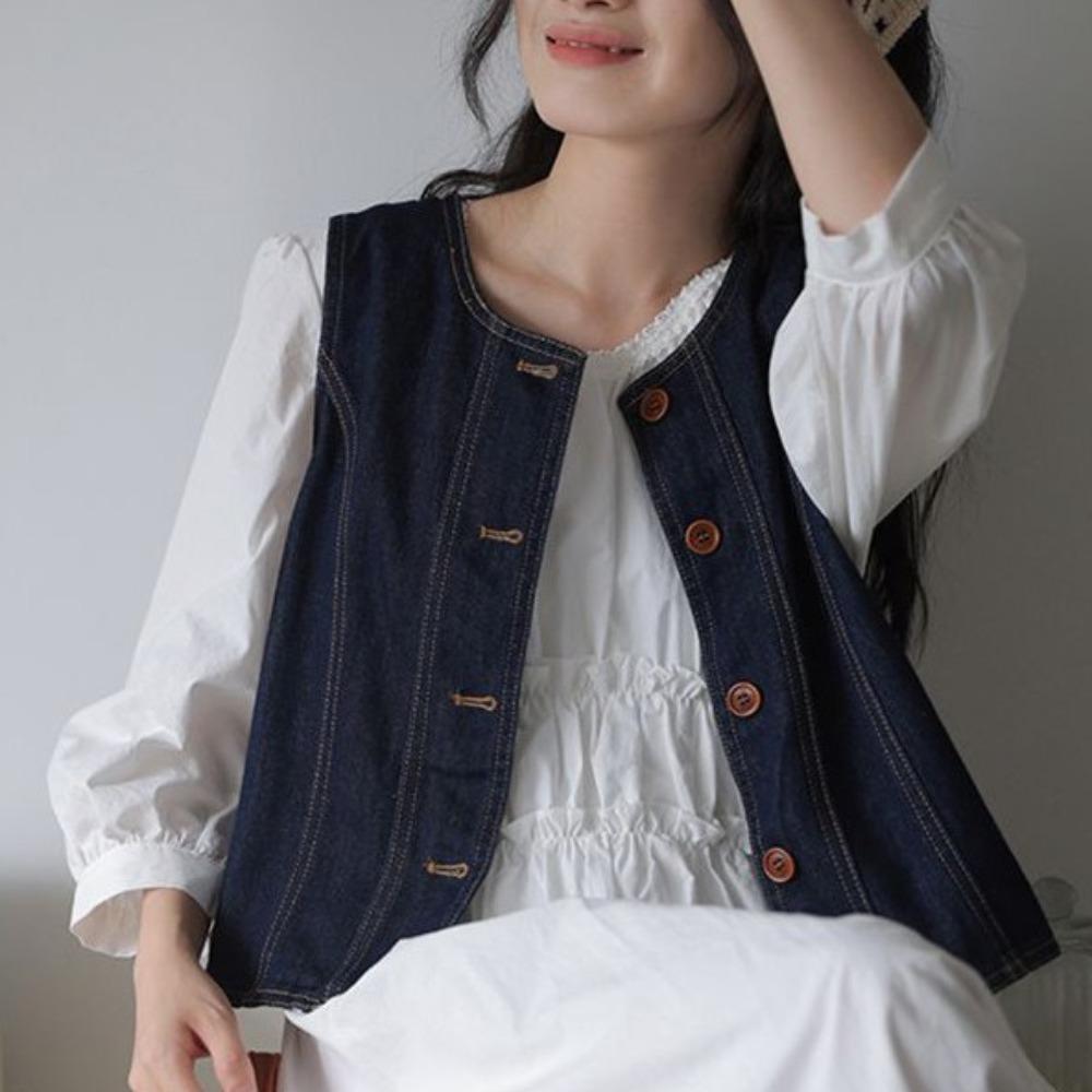 All Match Vintage Denim Vests Blue Cropped Sleeveless Jacket Simple Button-up Short Coats  Ladies