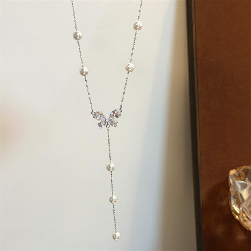 Zircon 2026 Starry Sky Butterfly Pearl Necklace for Women - Light Luxury High-End Choker