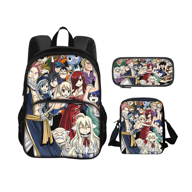 Fairy Tail Cartoon 3Pcs Set with Front Pocket Backpack+Shoulder Bags+Pencil Bag Student Boys and Girls Best Gift Stationery