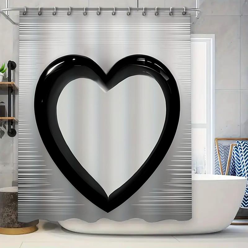 Stylish Monochrome Heart Shower Curtain - Waterproof, Mildew-Resistant, Machine Washable For Modern Bathroom Decor