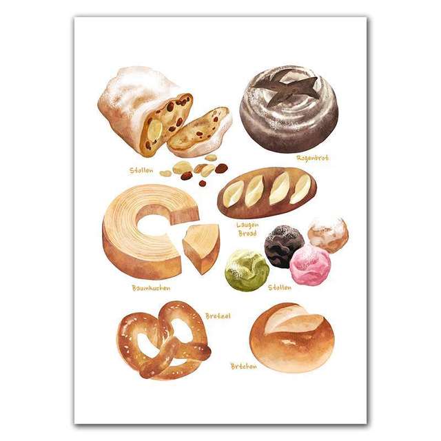 

Постеры и принты с едой для завтрака Торт Хлеб Слойка Чай Десерт Настенное искусство HD Картины Холст Живопись для декора кофейни, пекарни 21x30cm No Framed