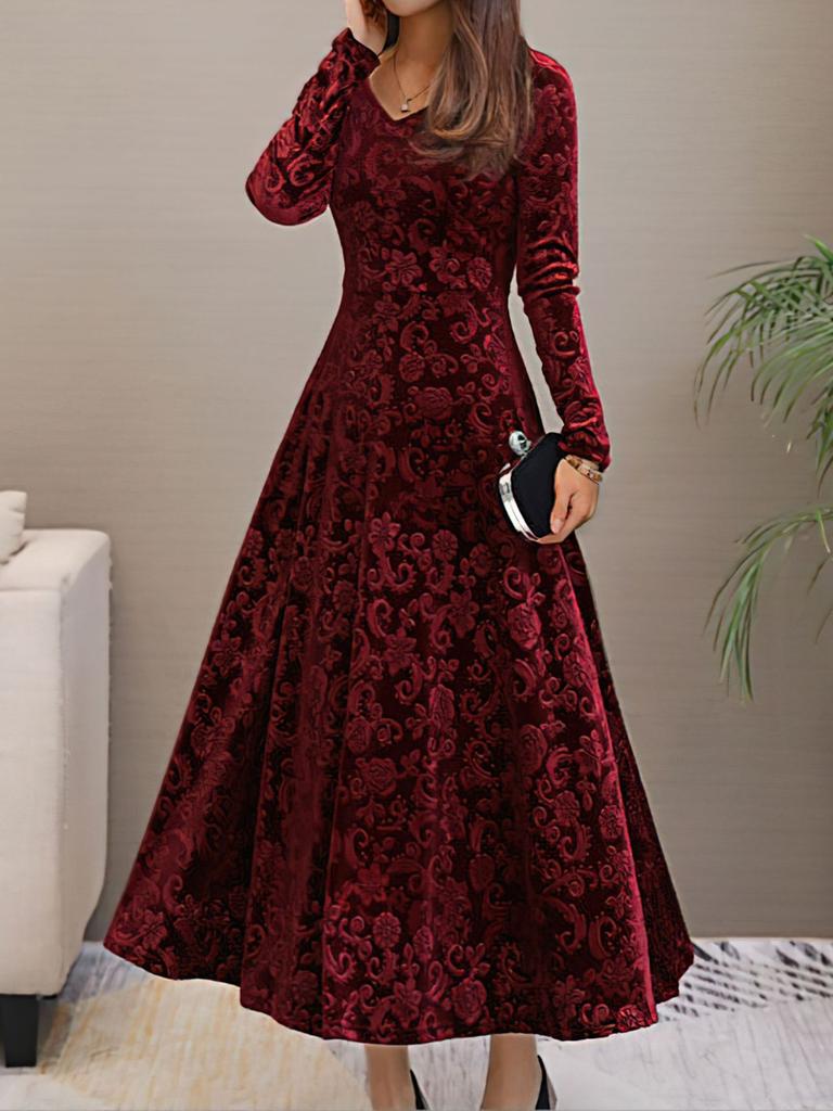 Spring Autumn New Style Elegant High-End Evening Gown Velvet Midi Dress for Women
