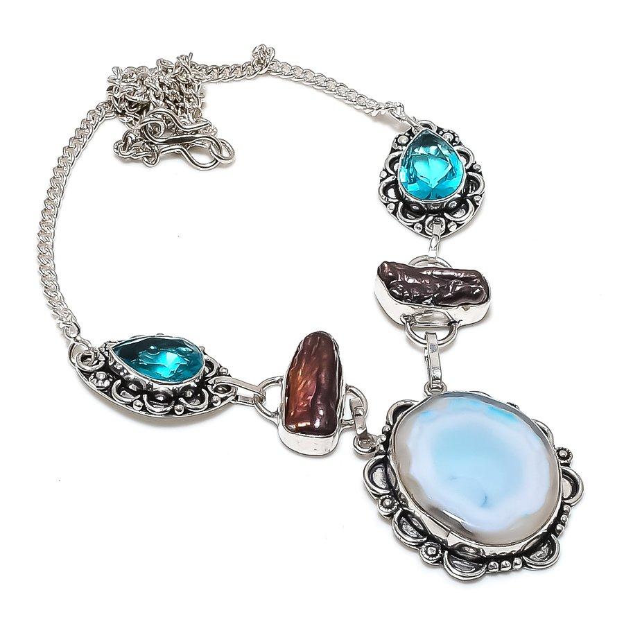 

Natural Blue Druzy Slice, Diopside 925 Sterling Silver Jewelry Necklace 18 e7v37