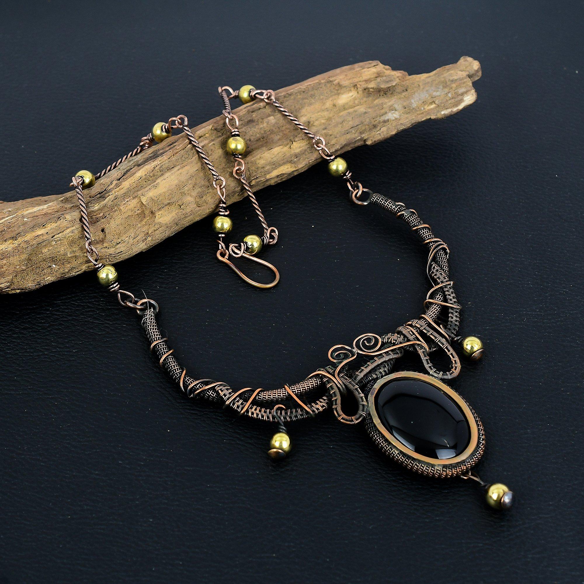 

Ожерелье из черного оникса, Ожерелье из драгоценных камней ручной работы, Ожерелье, обернутое медной проволокой 999 пробы, Антикварное украшение, Для подарка на помолвку