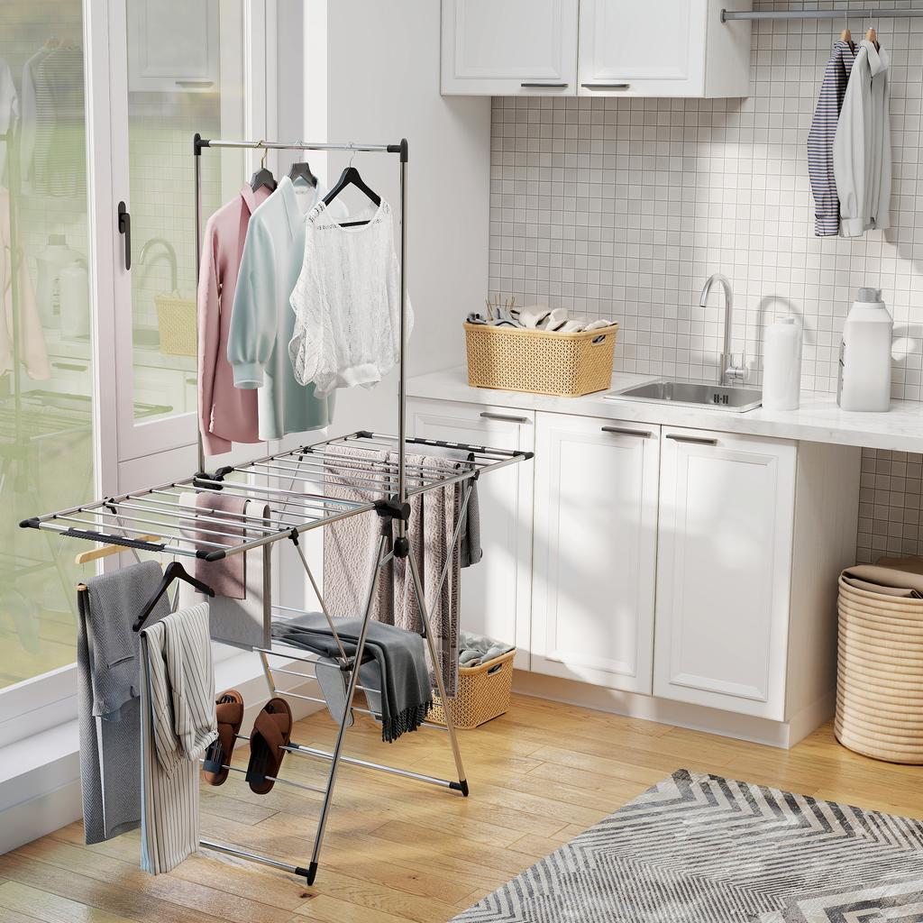 Foldable Clothes Airer, Standing Dryer with Adjustable Wings and Shoe Holders. Stainless Steel. 156.5 x 68 x 192 cm. Silver