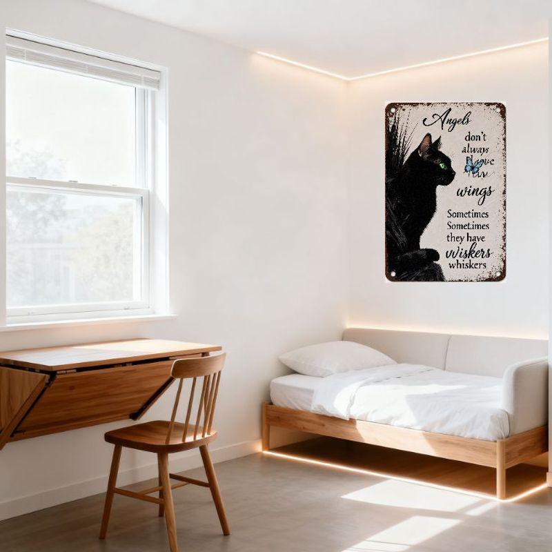 Vintage Black Cat Blue Butterfly Tin Sign 'Angels Don't Always Have Wings' Whimsical Whiskers Metal Wall Decor with Rusted Borde