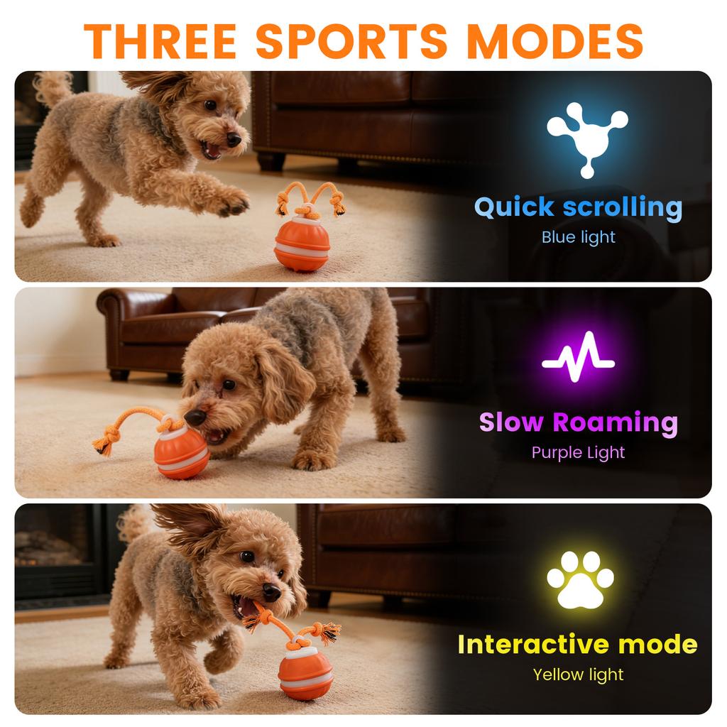 Interactive Dog Toy 3 Modes Automatic Rolling Moving Dog Toy with Rope Multi-role Rechargeable Squeaky Dog Ball Toy Pet Supplies