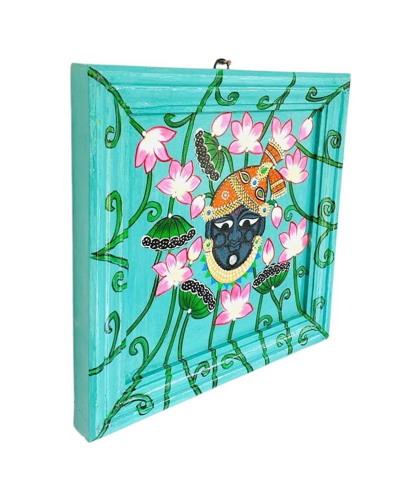 Hand-Painted Lord Shrinathji Wooden Frame: Traditional Indian Temple Decor