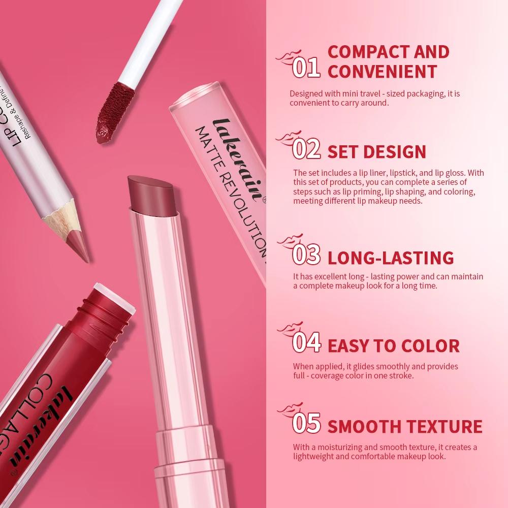 3-teiliges Lippen-Make-up-Set Lipliner Lipgloss Lippenstift Spiegeleffekt Beep Lips Hohe Farbe Lang anhaltend Spendet Feuchtigkeit Reise-Mini-Set