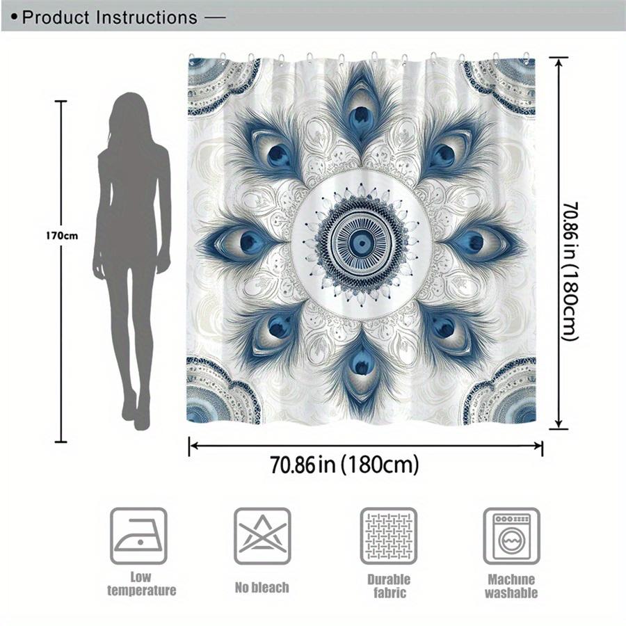 1 Blue Peacock Feather Mandala Shower Curtain - Symmetrical Design On Beige Background, Polyester Fabric, Machine Washable