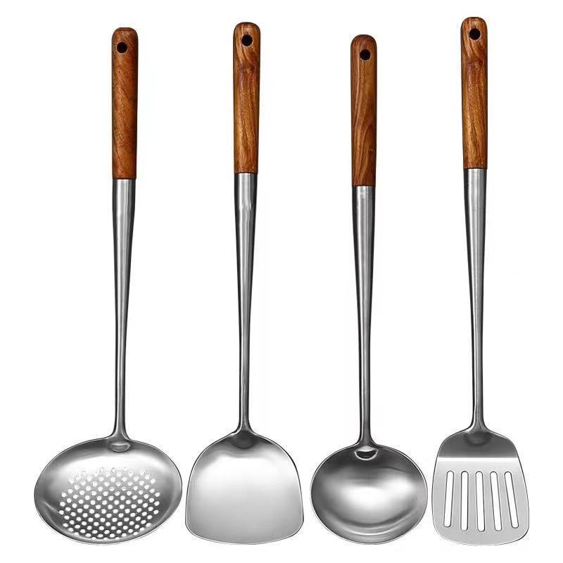 Stainless Steel Spoon Extended Pear Wooden Handle Frying Shovel Household Wok Shovel Large Colander Long Handle Chef Series