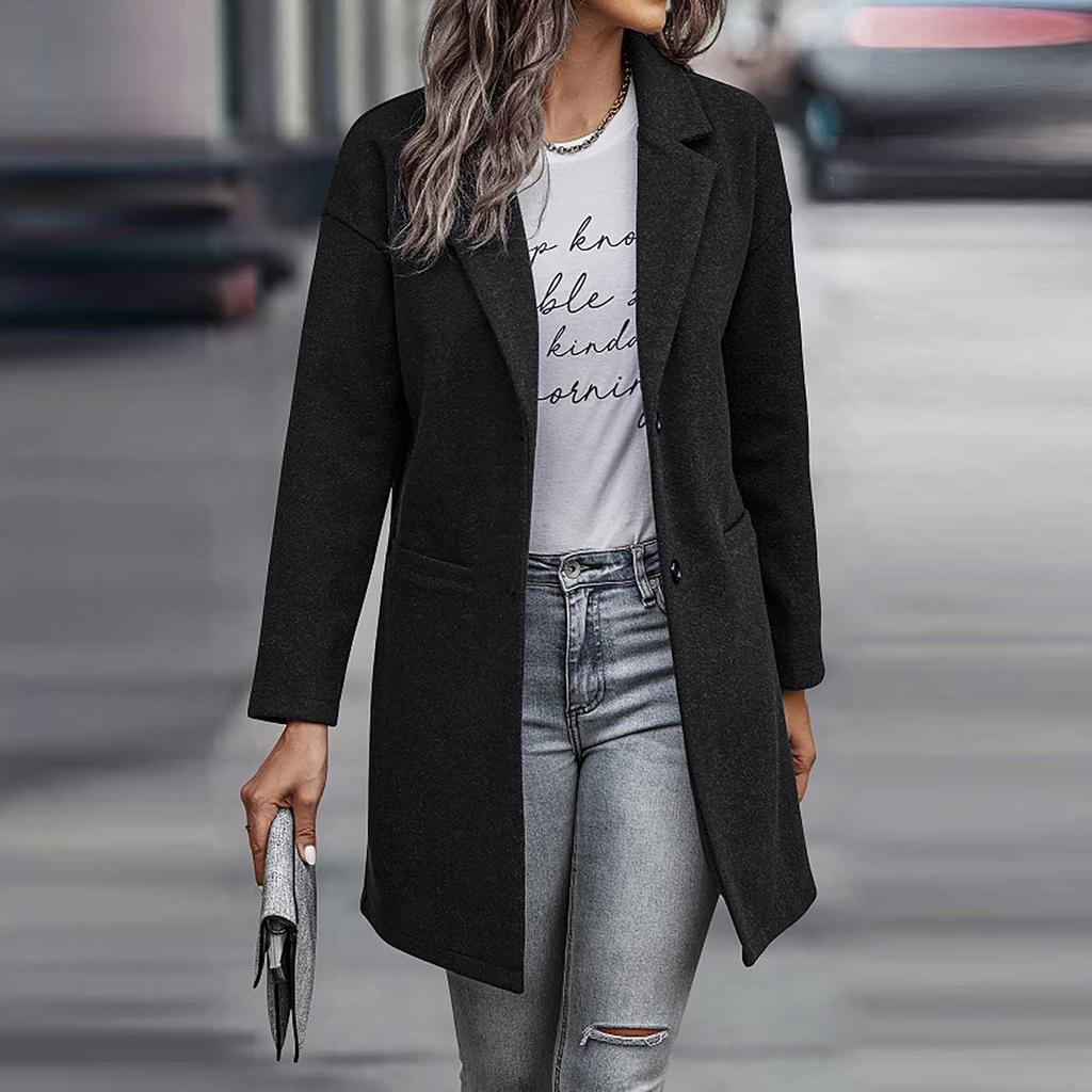 Women's Fashion Solid Color Long Sleeve Pocket Button Collar Slim Coat