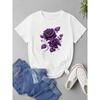 Womens Elegant Purple Rose Print Tee Round Neck Short Sleeve Soft Polyester Blend Lightweight Breathable Spring Summer Sports Casual Top