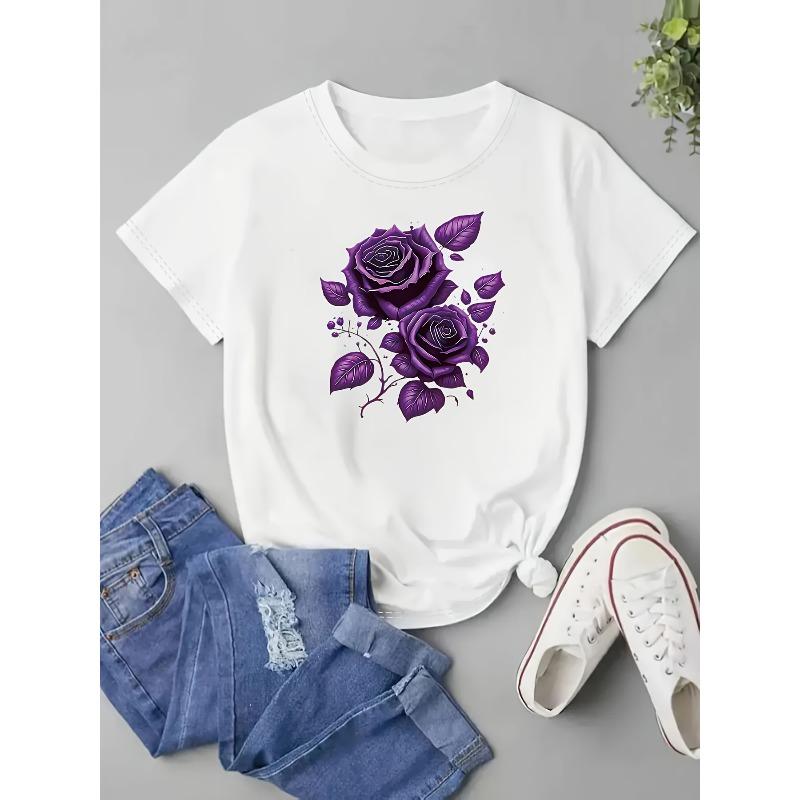 Womens Elegant Purple Rose Print Tee Round Neck Short Sleeve Soft Polyester Blend Lightweight Breathable Spring Summer Sports Casual Top