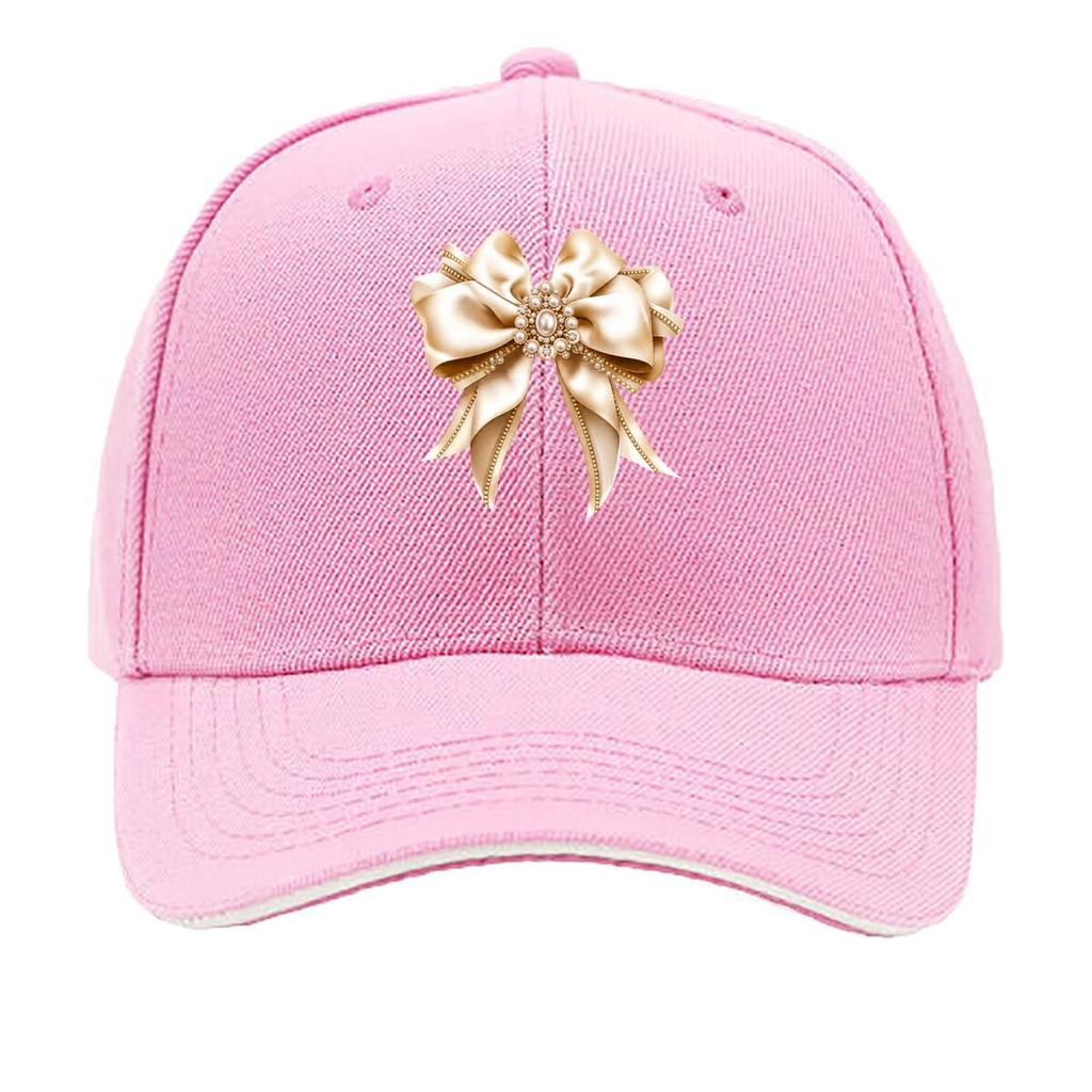 Champagne Satin Bow Pearl Rhinestone Coquette Ribbon Graphic Sandwich Baseball Cap Sun Cap Outdoor Workouts Hat