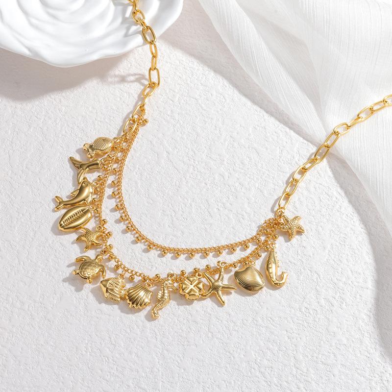 Ocean Series Geometric Double-Layer Tassel Necklace Stainless Steel Link 18K Gold Luxury High-End Niche Women Trendy