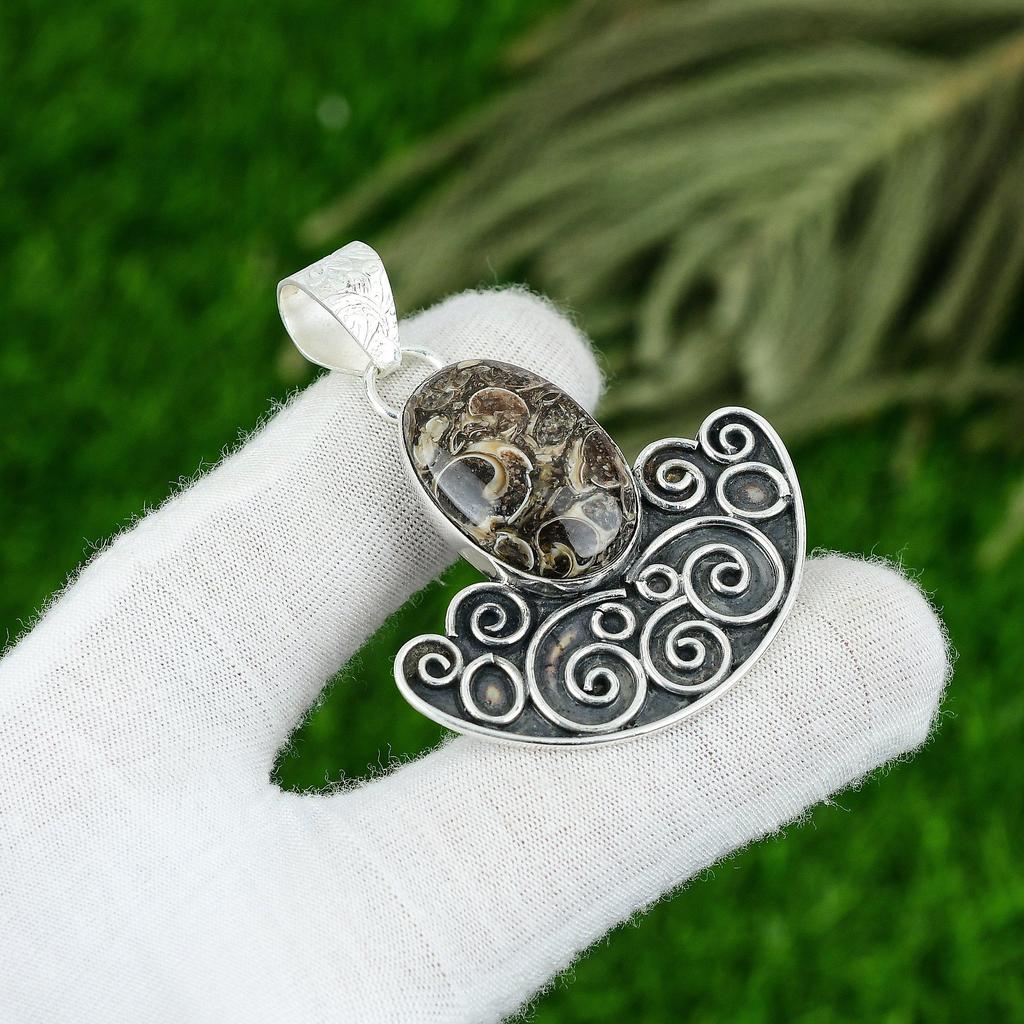 Mothers day Sale 925 Sterling Silver Turritella Agate Gemstone Pendant Jewelry