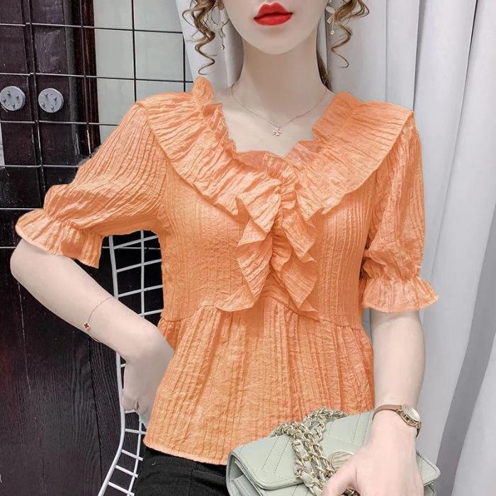 Women's Summer French V-neck Ruffle Puff Sleeve Top – Versatile and Fashionable