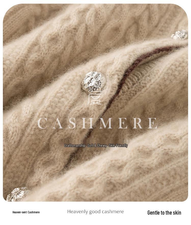 Women's Autumn/Winter Cashmere Knit Cardigan - Versatile Round Neck Elegant Cable Sweater Coat