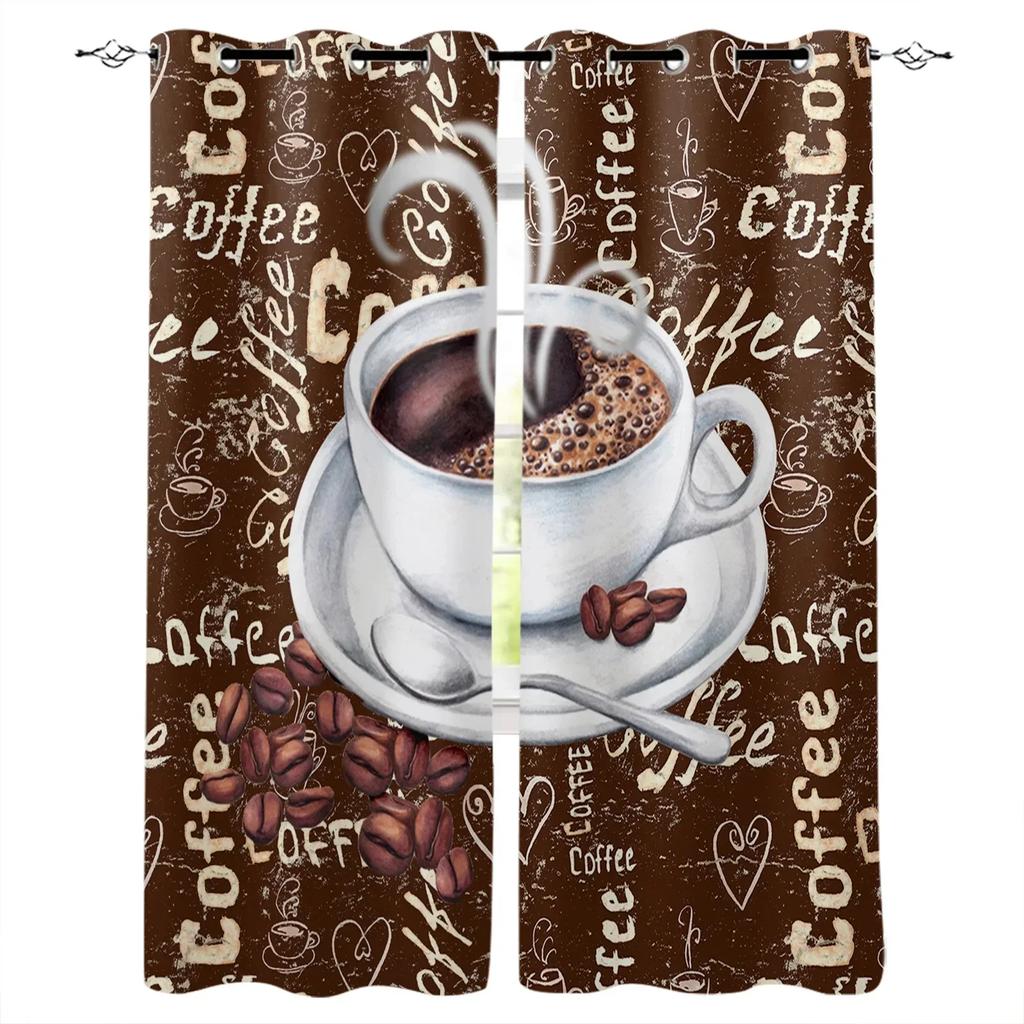 2panels Coffee Text Graffiti Black Background KitchenWindow Curtain for Living Room Bedroom Home Decor Kitchen for Window Drapes for daily use