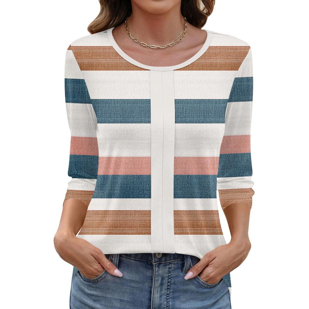 Women's Fashionable Casual Three Quarter Sleeve Printed Collar Pullover Top