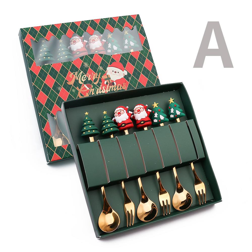 2026 Christmas 6pcs/4pcs Spoon Fork Set Stainless Steel Christmas Spoon Set Coffee Tea Dessert Scoop Christmas Tableware Set
