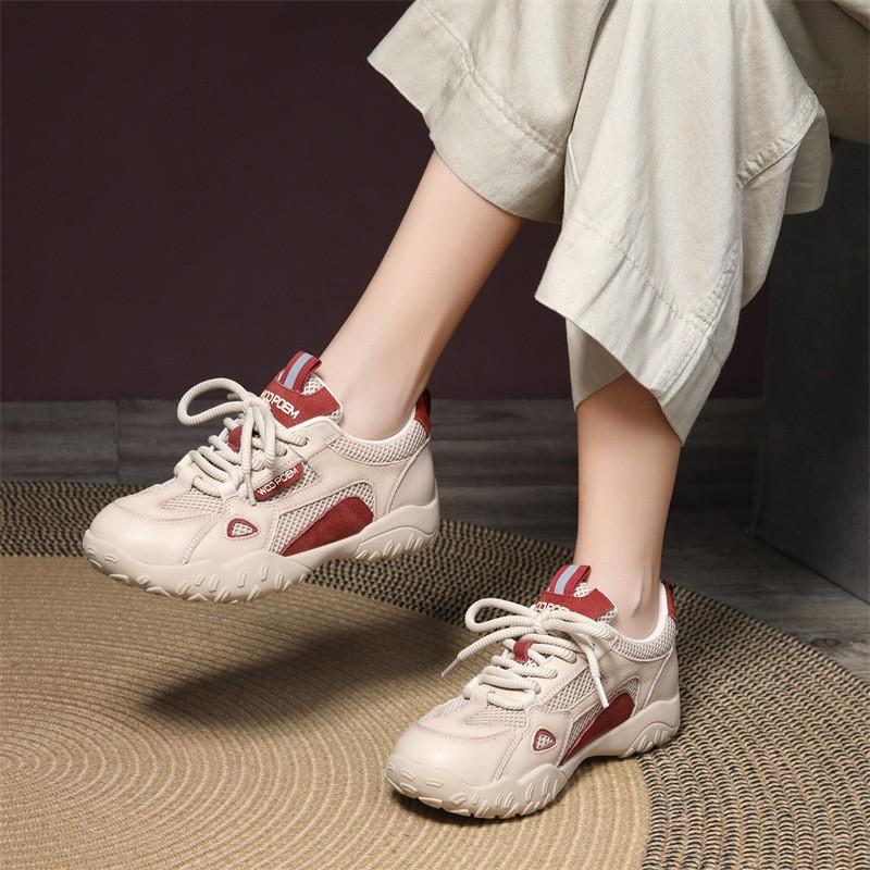Johnature Genuine Leather Splicing Mesh Breathable Soft Soled Sports Shoes Casual Versatile Women's Sneakers
