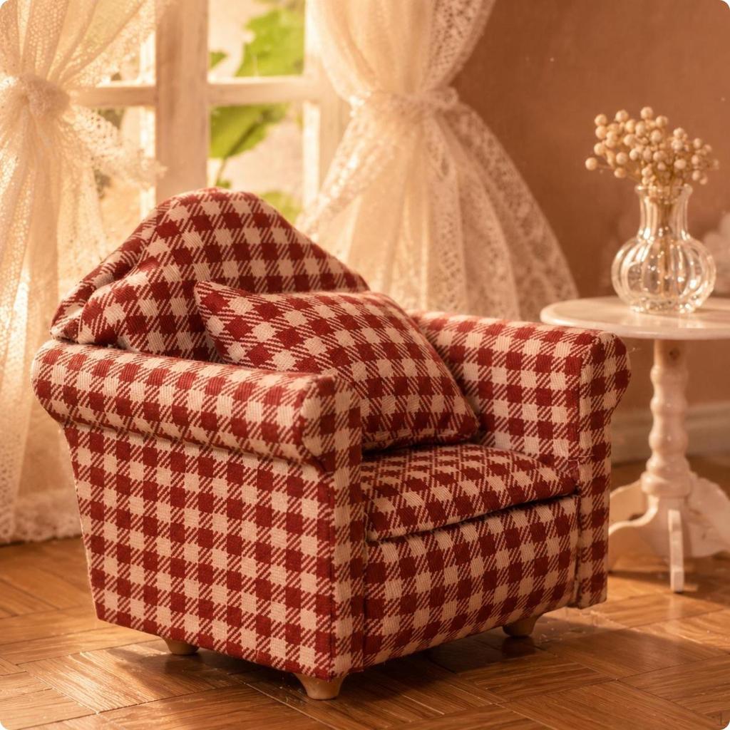1:12 Dollhouse Sofa Padded Armrests Checkered Upholstered Wood and Textile Couch