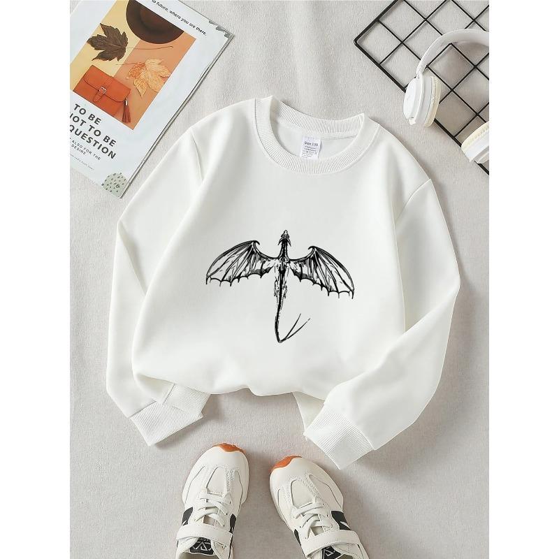 Kids Crewneck Sweatshirt, White Dragon Silhouette on Maroon Background Print,Spring Autumn Casual Sport Tops 110 белый