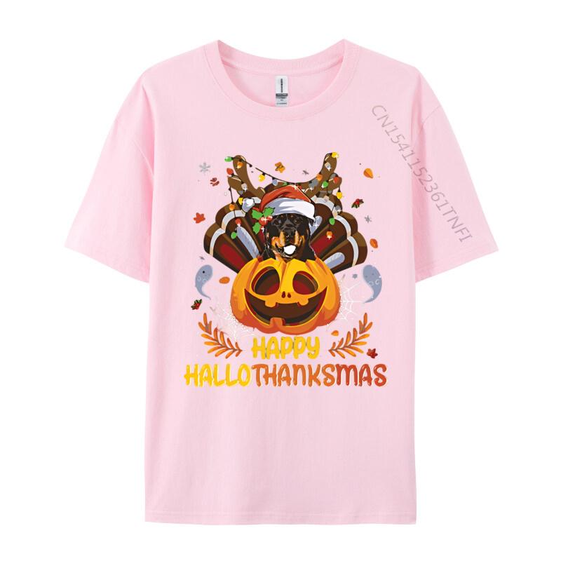 Rottweiler Happy Hallo Thanksmas Halloween Tshirt Vintage Cheerful Cotton Tshirts Blue And White Graphic T Shirts