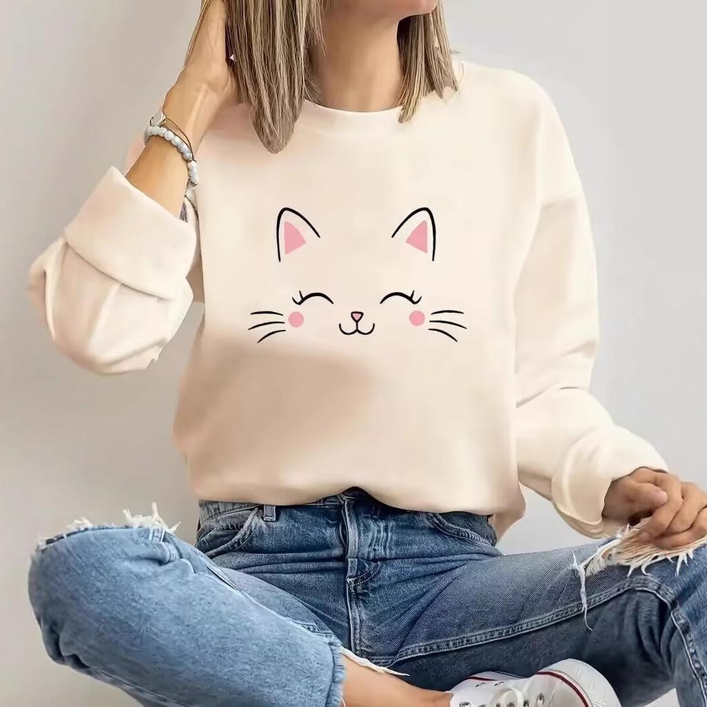Women Spring Autumn Casual Sports Crewneck Long Sleeve Cat Printed Pullover Hoodies Sweatshirt Top