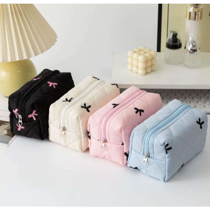 Pretty Bow Design Floral Makeup Bag Large Capacity Portable Cosmetic Storage Bag Cotton Makeup Wash Bag Cosmetic Organizer Pouch