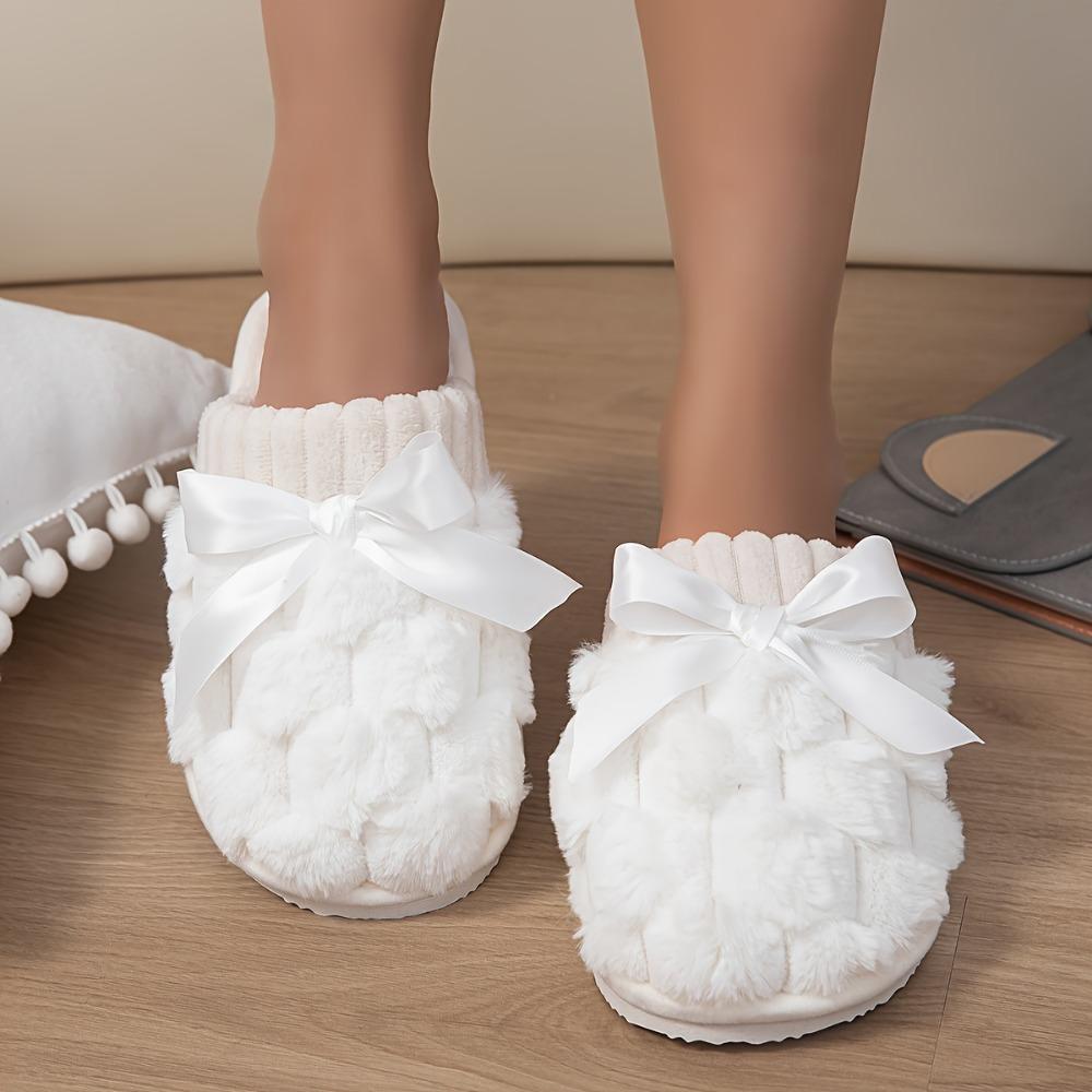Monochrome Home Warm Slippers, Soft Bottom Fluffy Flat Bow Decorative Shoes, Winter Plush Comfortable Non-slip Shoes