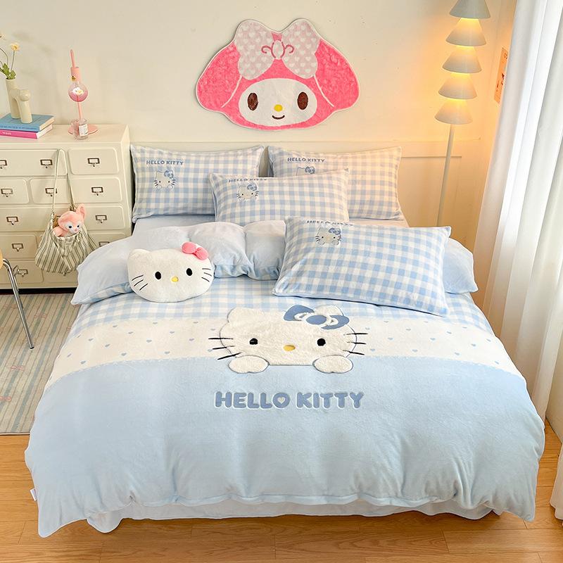 Cat Thickened Milk Fleece Four-Piece Set Cartoon Sticker Embroidered Fleece Quilt Cover Student Three-Piece Set
