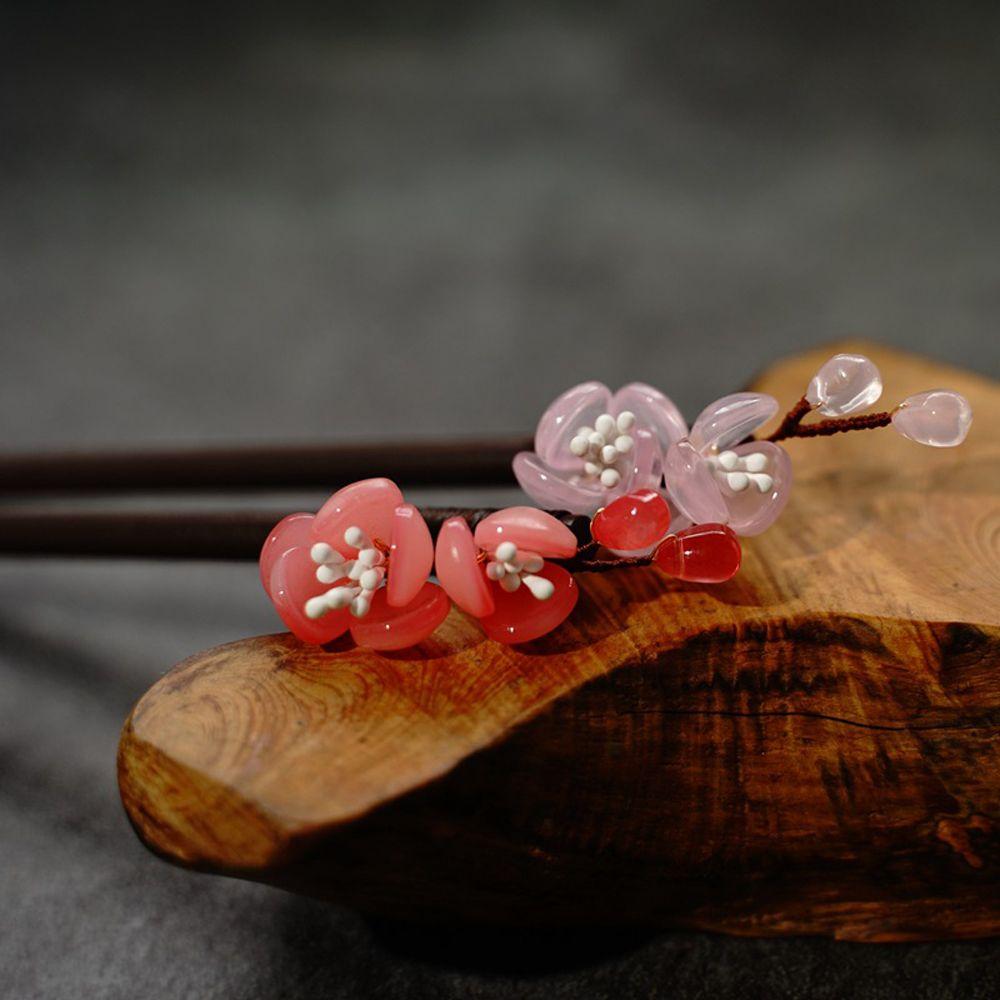 Hanfu Dress 1 Pc Flower Hair Clips Glass Hair Sticks Hair Fork Hairpin Wooden