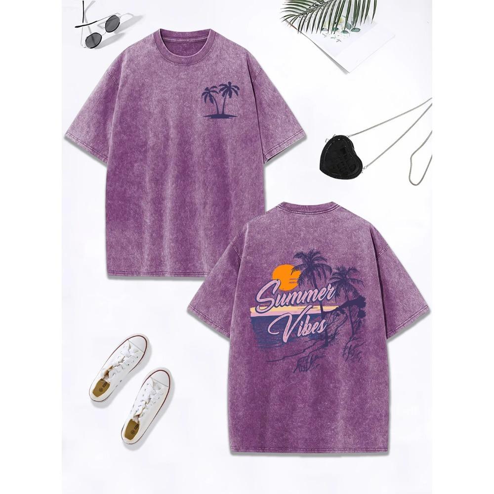 Summer Vibes Beach Sunset Coconut Tree Prints Washed T-Shirt Women Cotton Tops Retro O-Neck T Shirt Street Clothes